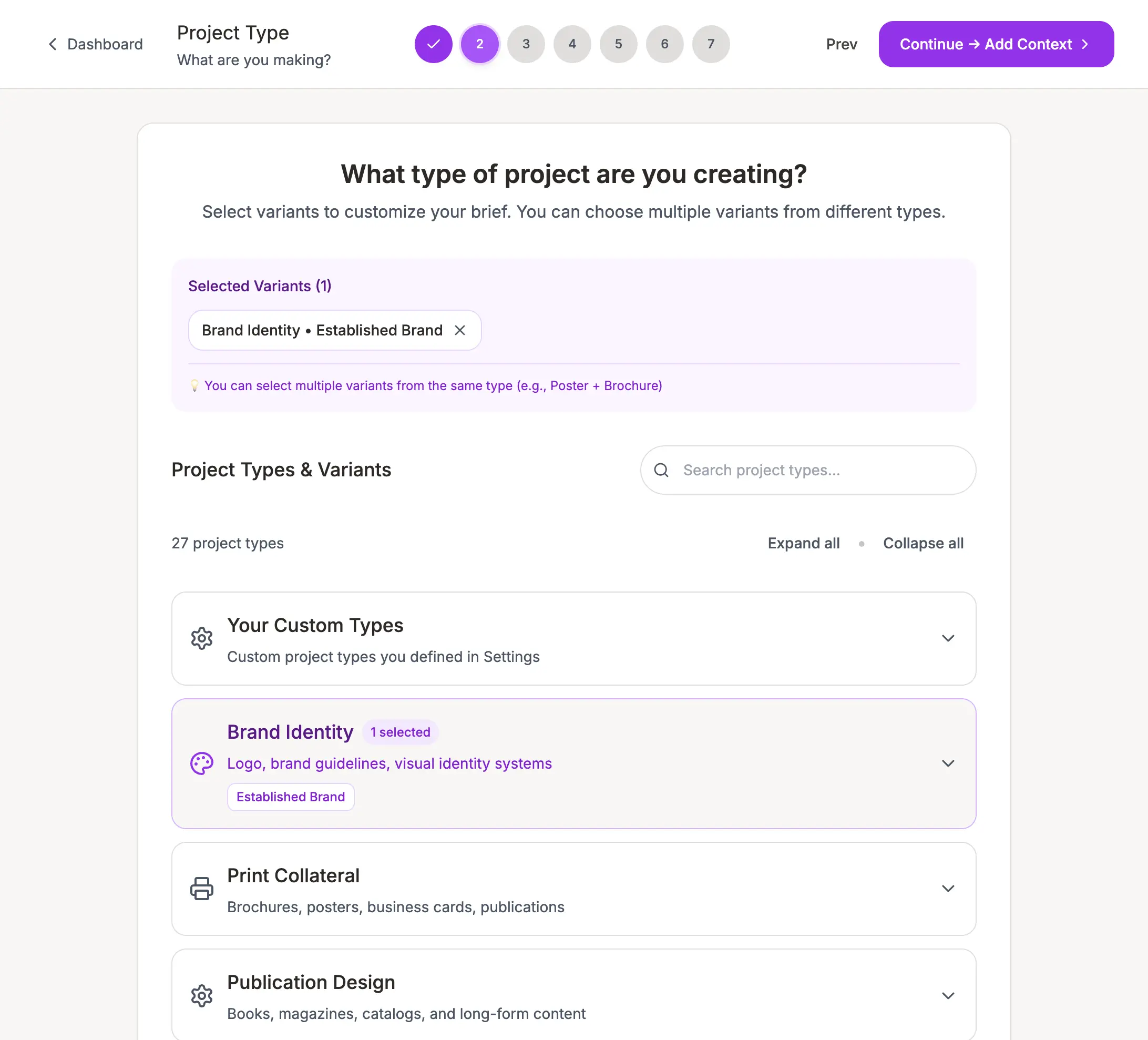 WeAlign brief creation wizard with 27 project types and variant selection