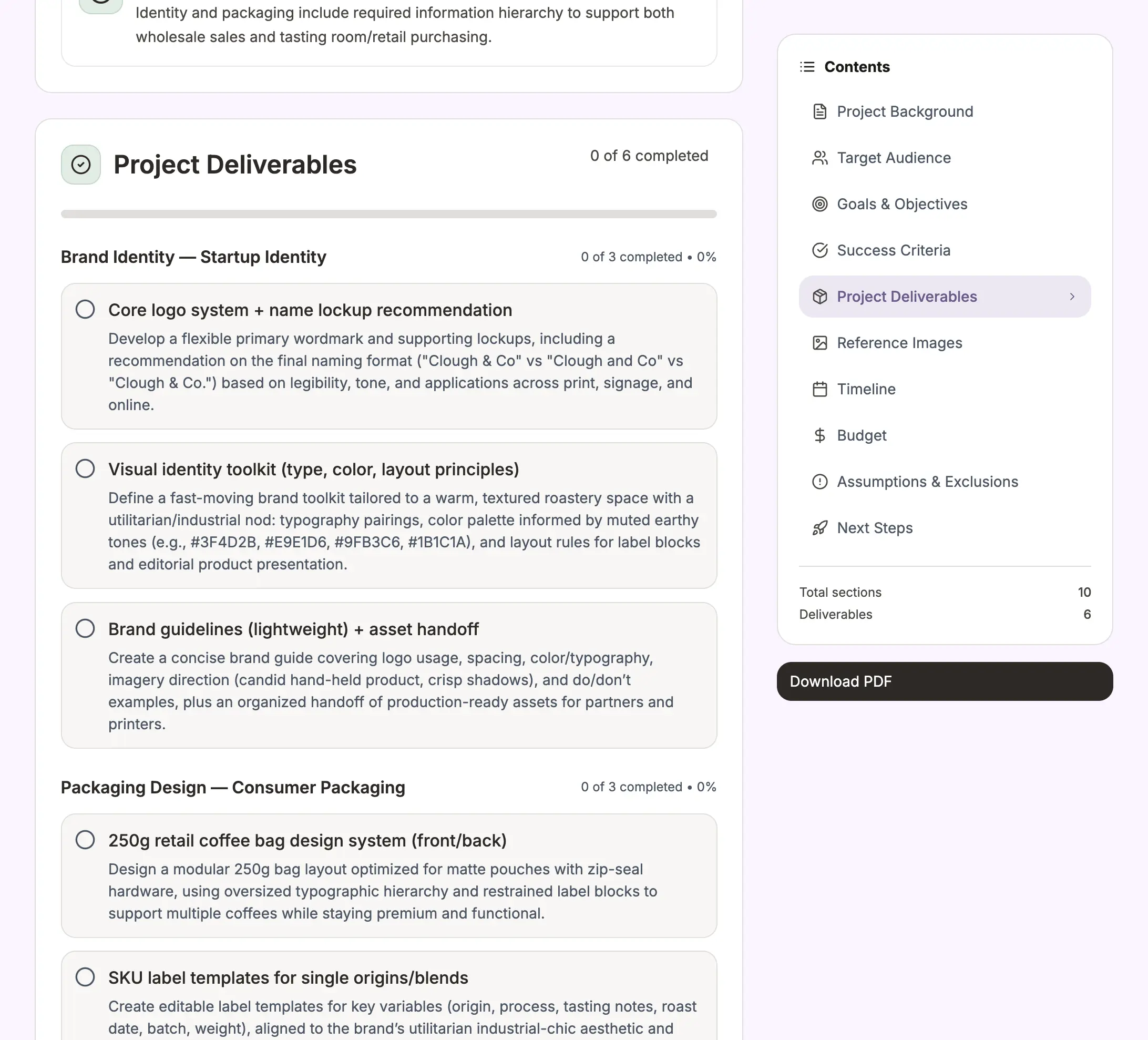Project deliverables checklist with completion tracking