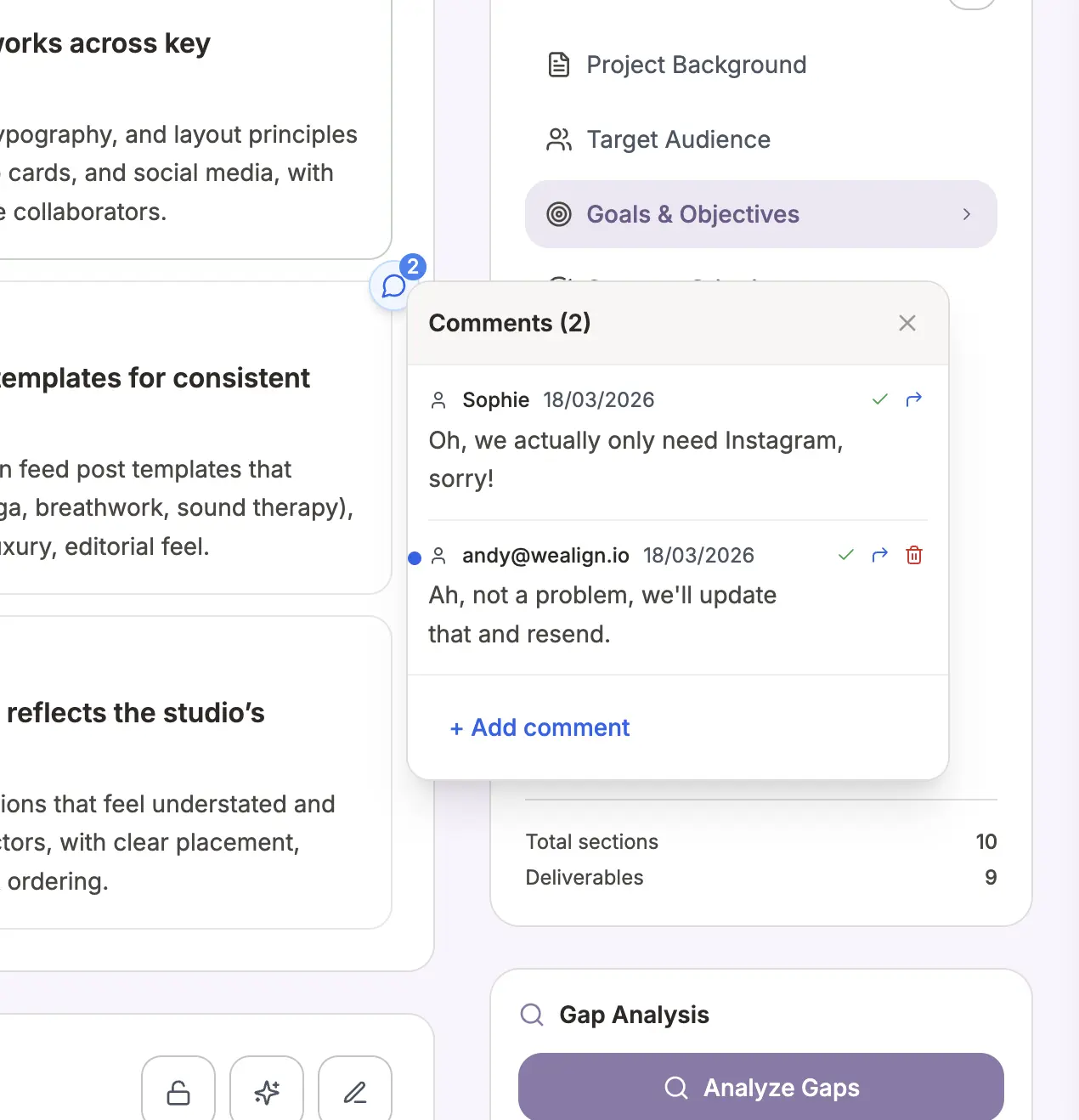 Client and designer exchanging comments on a brief section