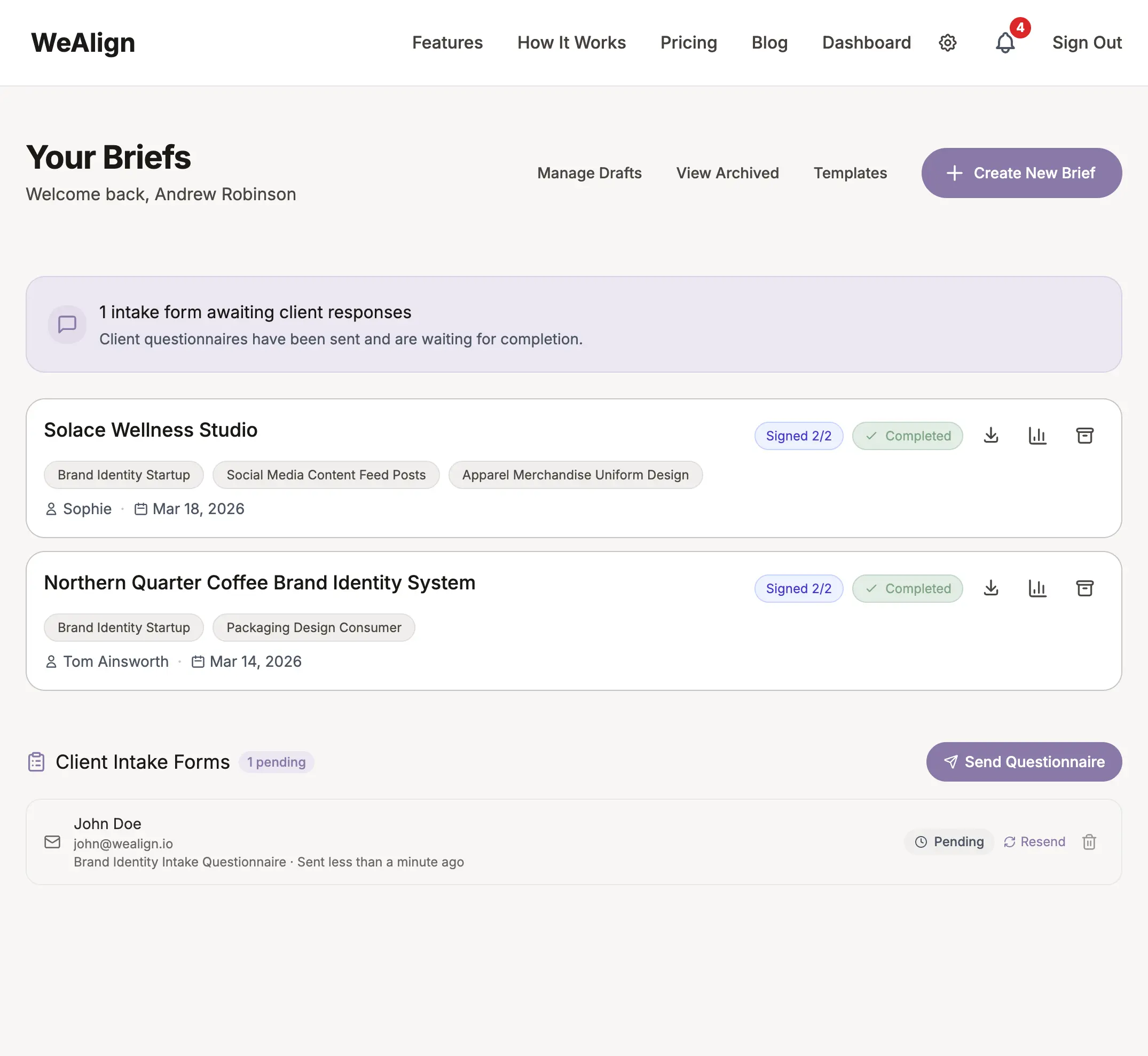 Dashboard showing briefs and client intake forms