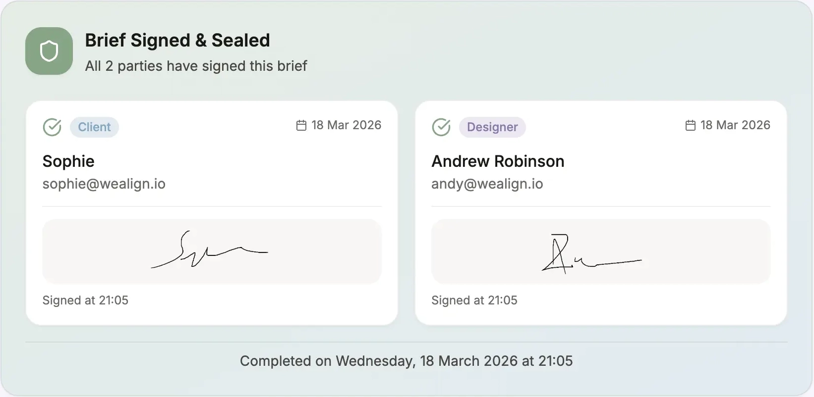 Brief signed by both client and designer with timestamps